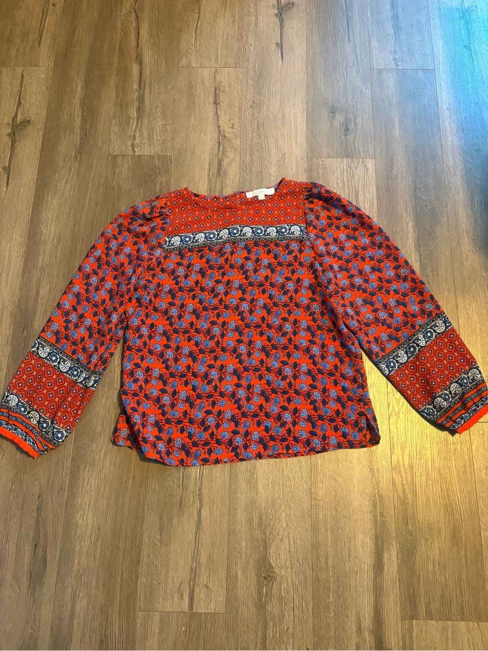 LOFT Medium Red Navy Floral Boho Mixed Print 3/4 Sleeve Peasant Blouse Top Boho